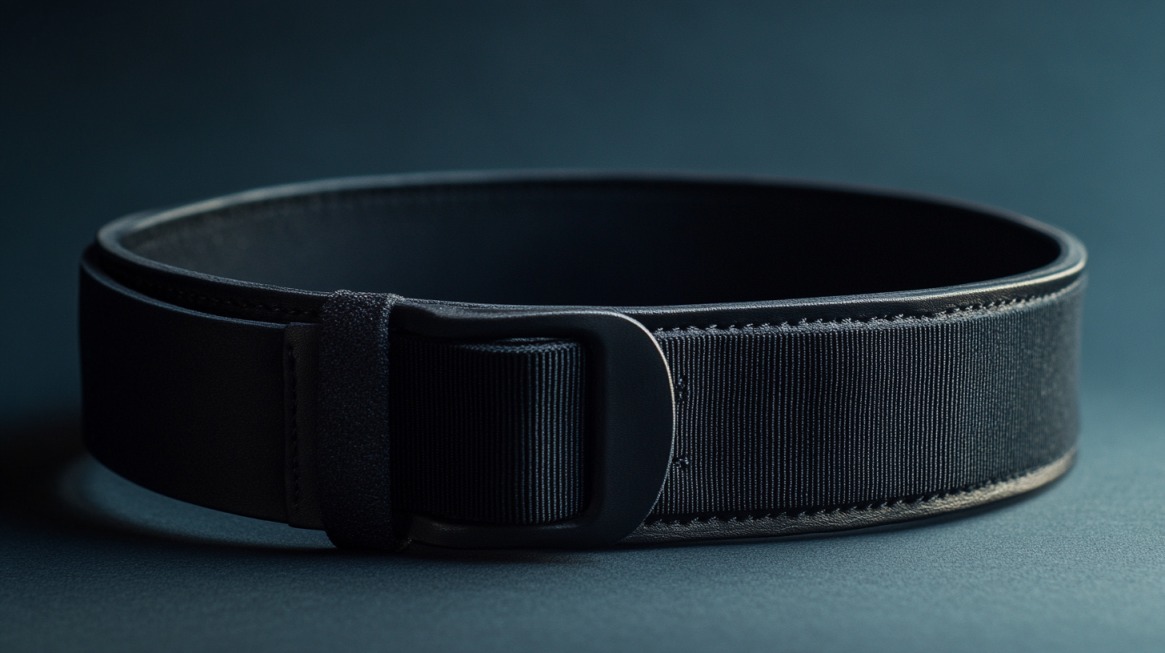 Close-up of a thick black powerlifting belt with a sturdy roller buckle on a dark background