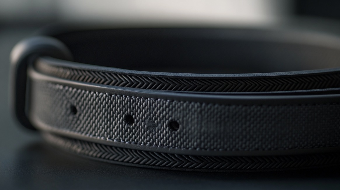 Close-up of a heavy-duty black powerlifting belt with textured finish and reinforced stitching