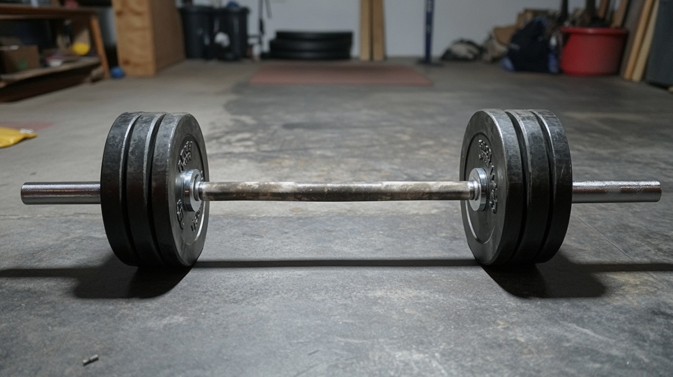 Barbell loaded with weight plates on a gym floor, ready for deadlifting