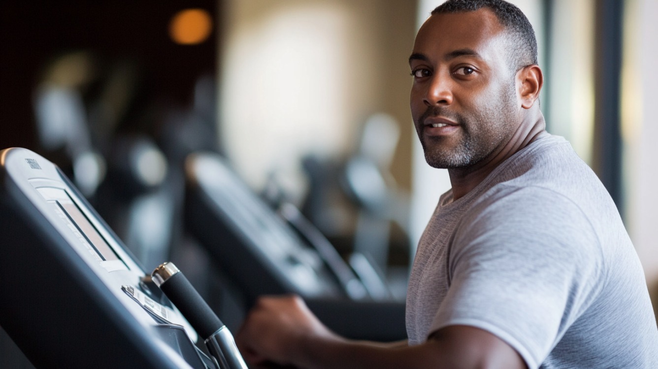 Man in a gym smiling while seated on exercise equipment