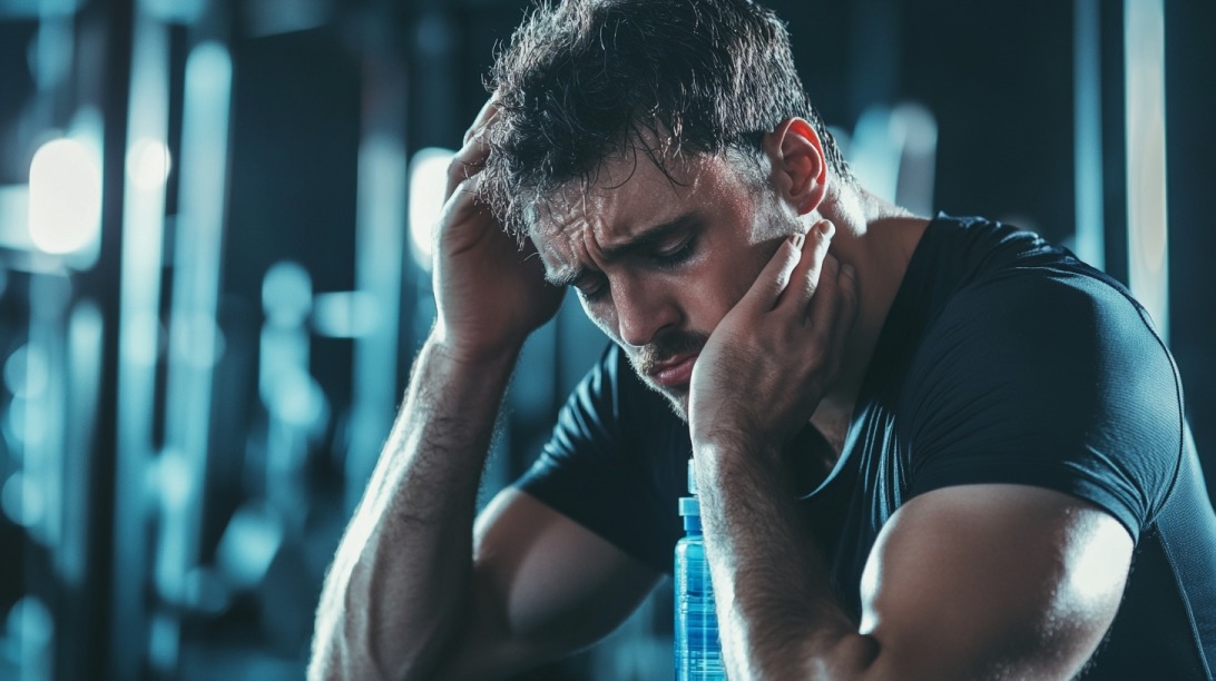 A visibly distressed man in workout gear sits in a gym, holding his head with both hands