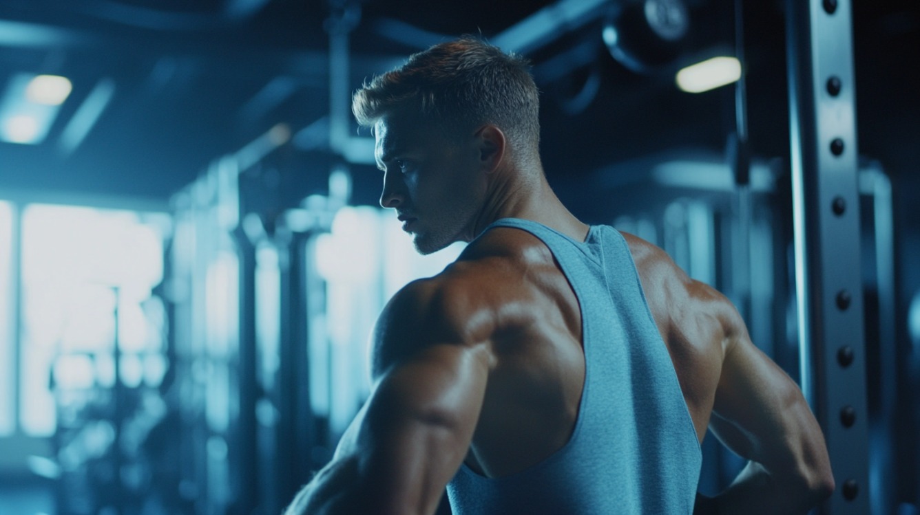 Muscular man in gym looking over shoulder in a tank top, highlighting back and shoulder muscles