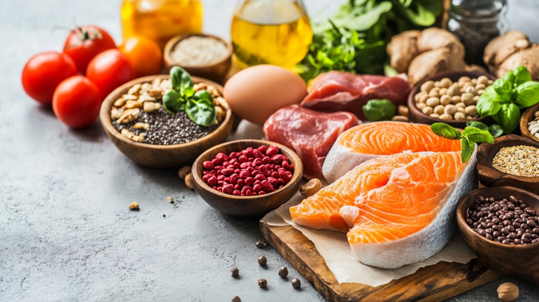 A variety of high-protein and nutrient-rich foods including salmon, eggs, seeds, and vegetables displayed on a table