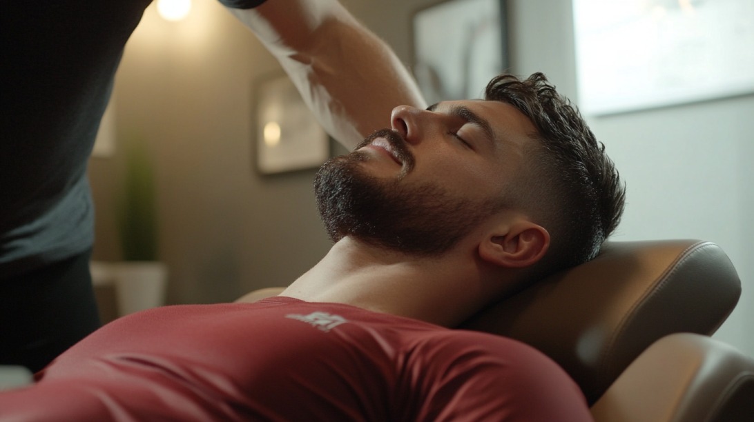 Man in a red shirt receiving a relaxing massage while lying on a reclined chair
