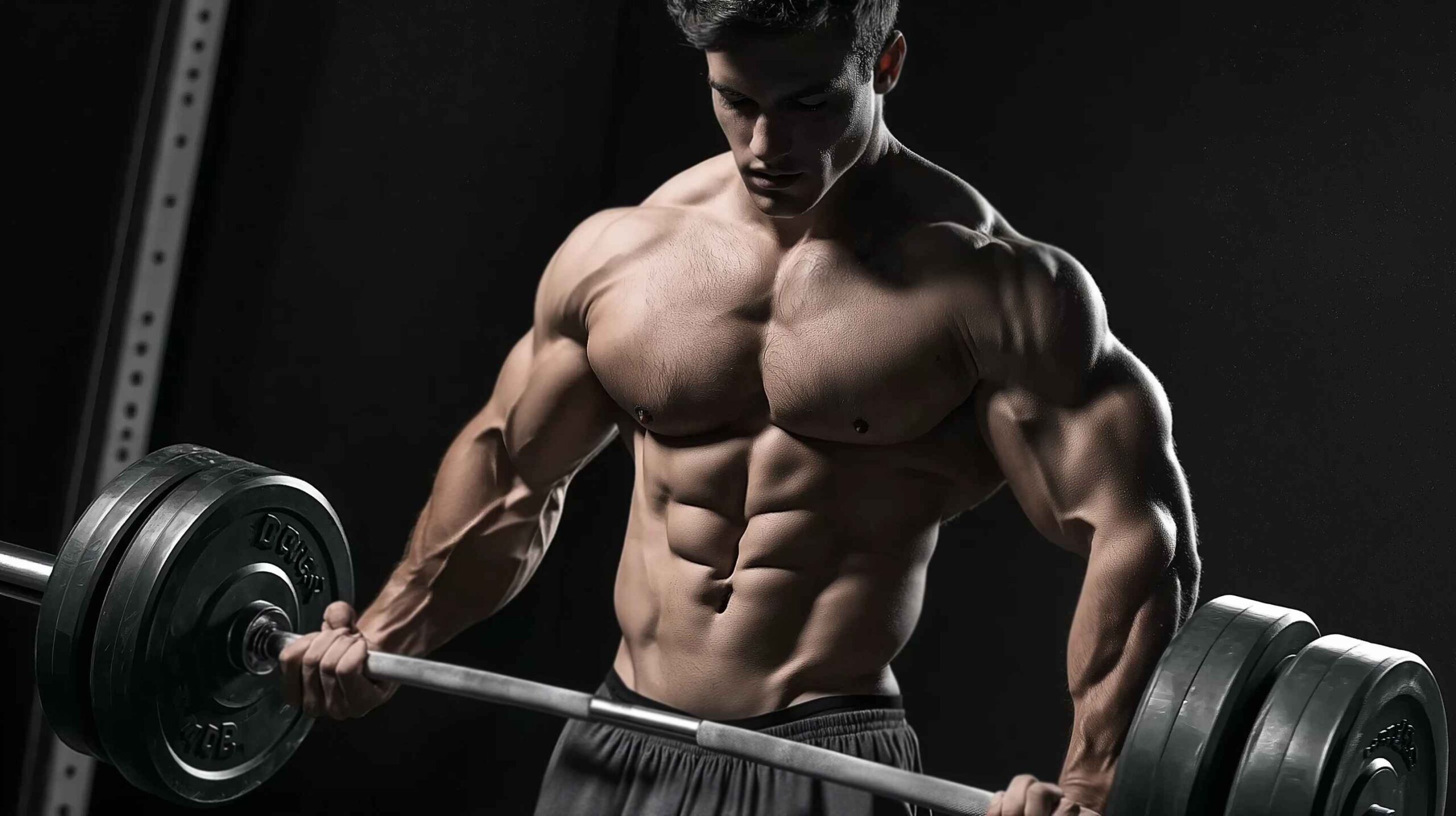 A muscular man lifting a heavy barbell in a dark gym, showcasing defined muscles and focus