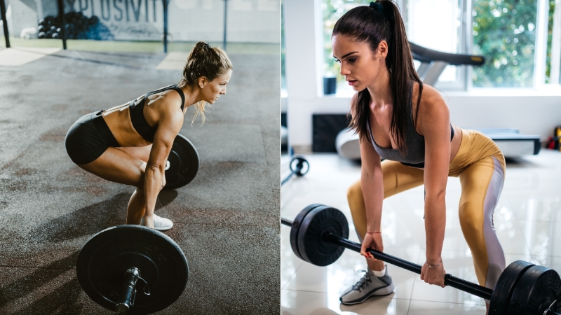Two women performing the sumo and conventional deadlifts, showcasing different lifting techniques in the gym