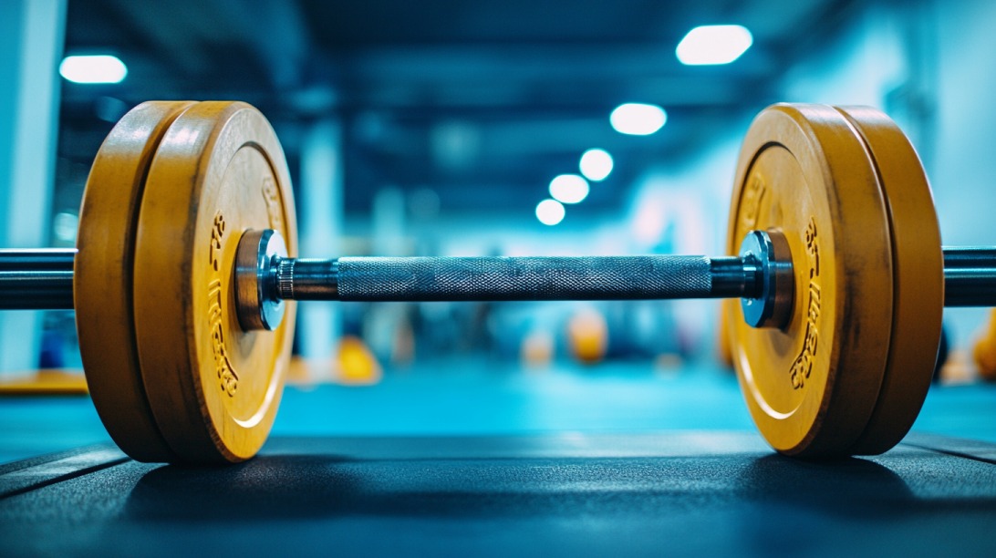 Close-up view of a loaded barbell with yellow weight plates resting on a gym floor