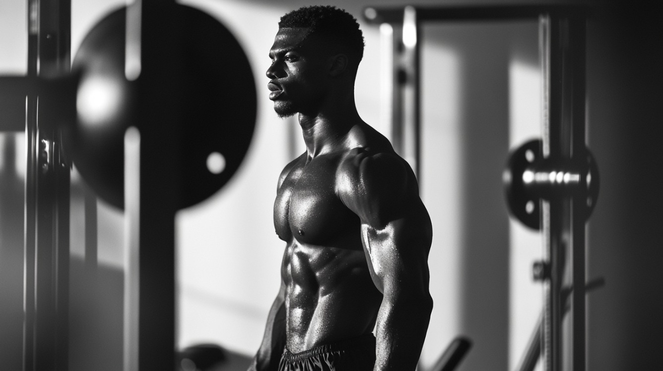 Muscular man in a gym, lit dramatically in black and white