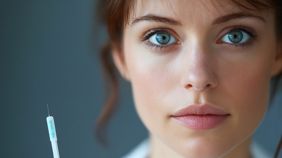 Close-up of a woman holding a syringe, looking directly ahead with serious expression