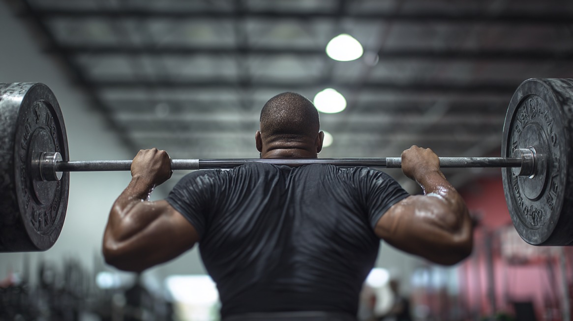 Man performing a heavy barbell squat from behind in a gym