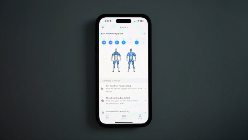Hevy app displaying a muscle group heat map and training statistics on a smartphone screen