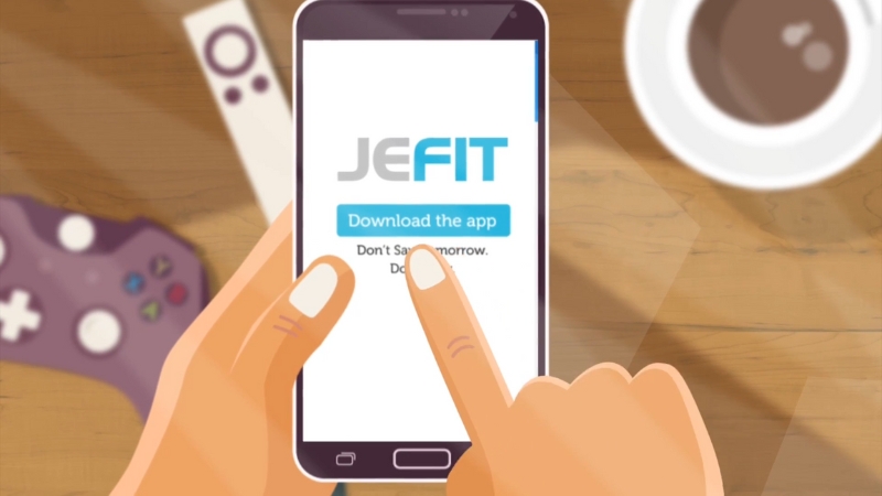 Illustration of a person tapping the JEFIT app download button on a smartphone screen