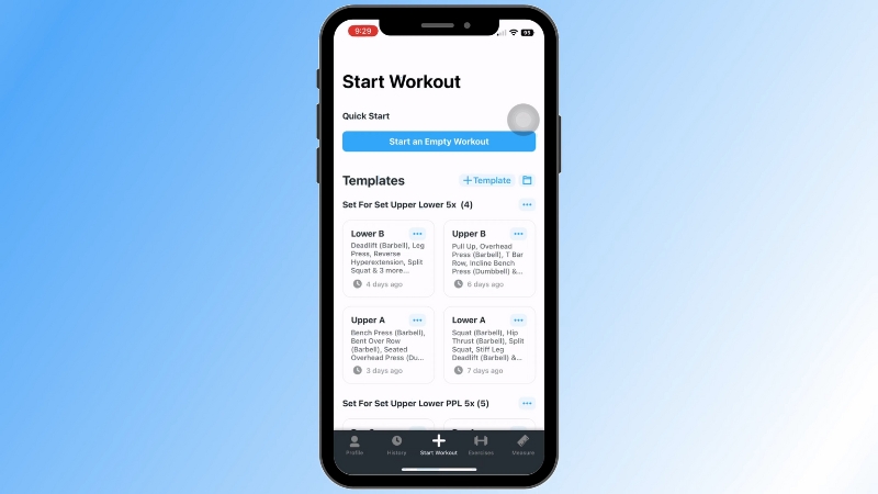 Strong app workout screen showing quick start options and saved training templates on a smartphone display