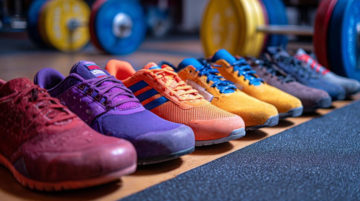 Lineup of colorful powerlifting shoes arranged in a row on a gym floor with weight plates in the background