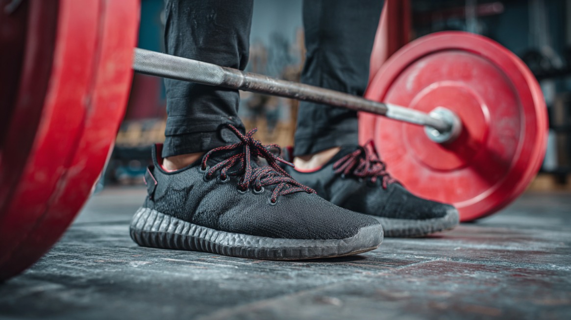Close-up of a lifter wearing black training shoes while preparing to deadlift a barbell with red weight plates