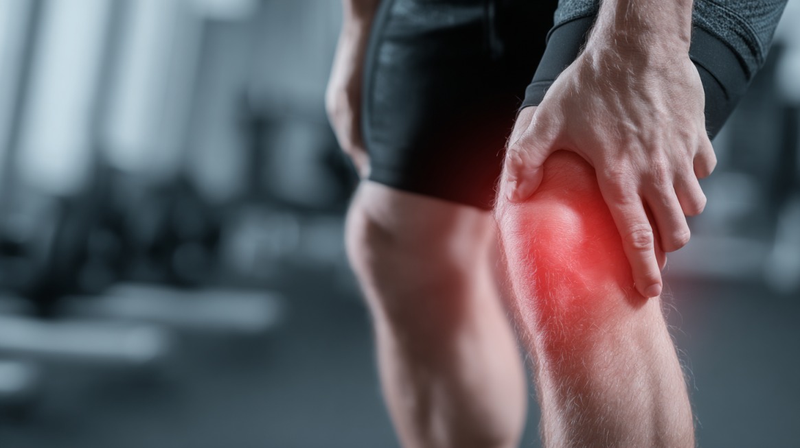 Athlete holding a painful knee with red highlighted inflammation