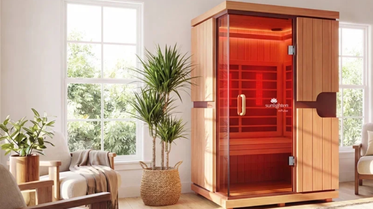 Wooden infrared sauna in a bright home space with plants and soft natural light