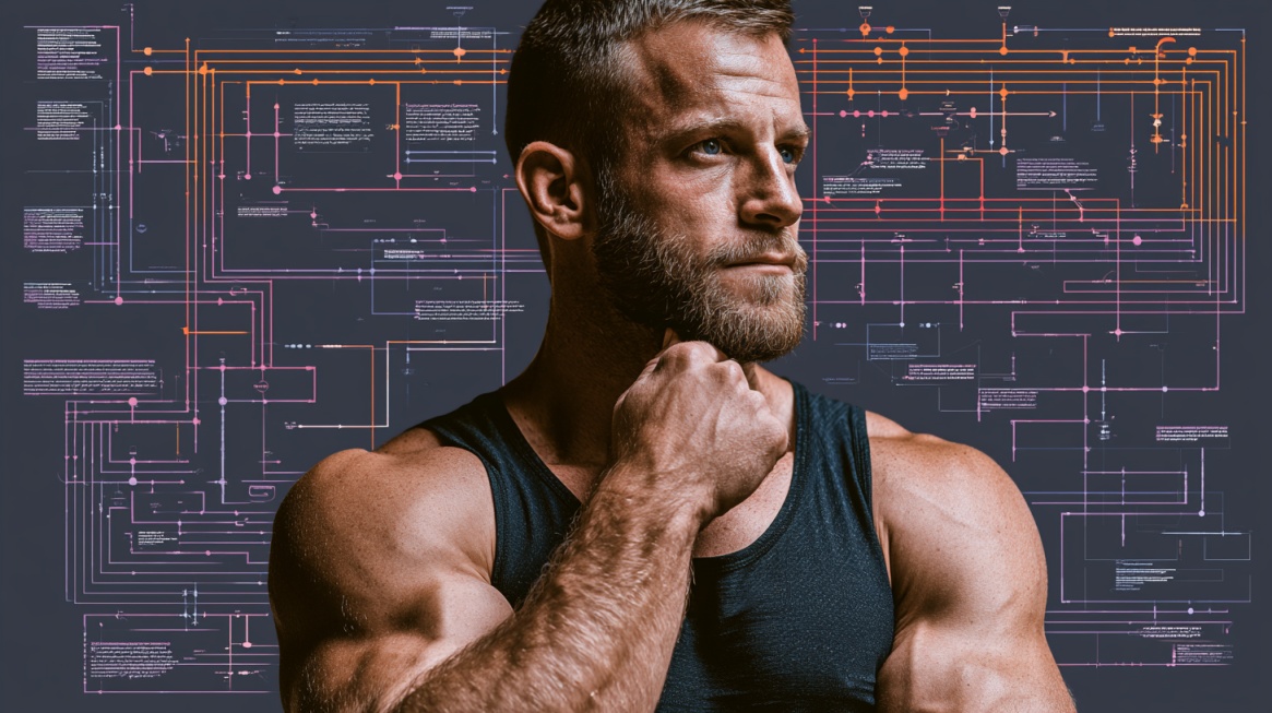 Muscular athlete in a thoughtful pose with a workout planning diagram in the background, representing a three day full body workout split