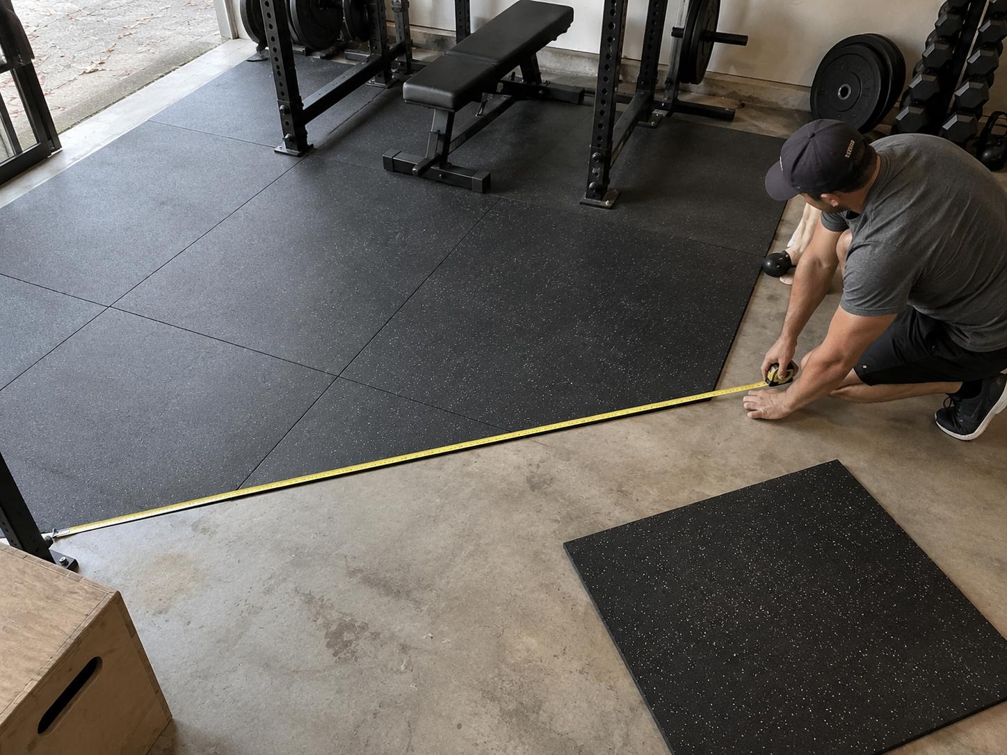 Man measuring rubber flooring coverage in a garage gym with a squat rack and weight bench.