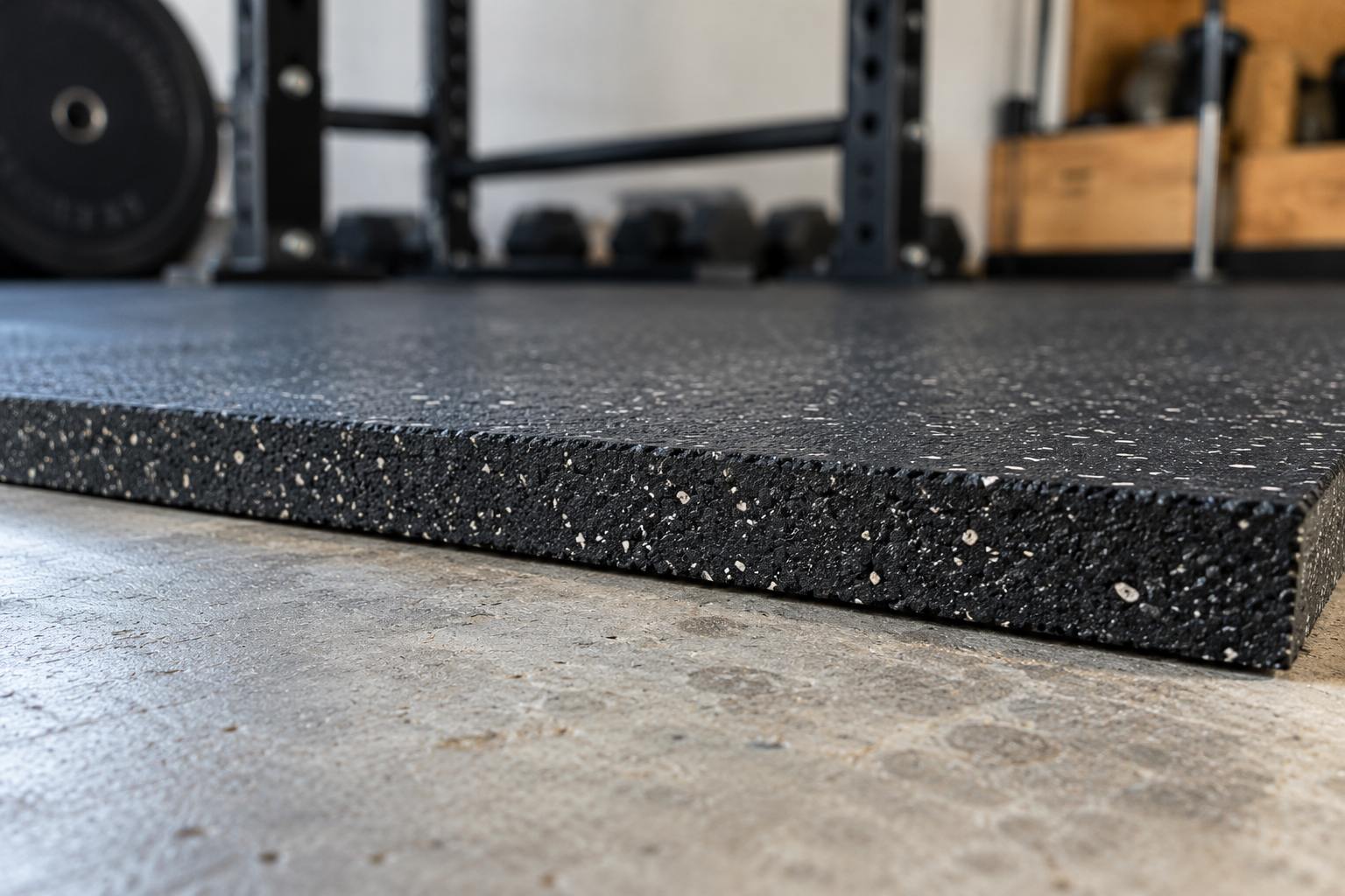 Close-up side view of thick black rubber gym flooring on a concrete floor.