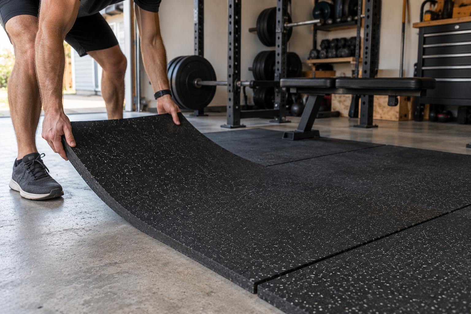 Man installing thick black rubber stall mats over a concrete garage gym floor.